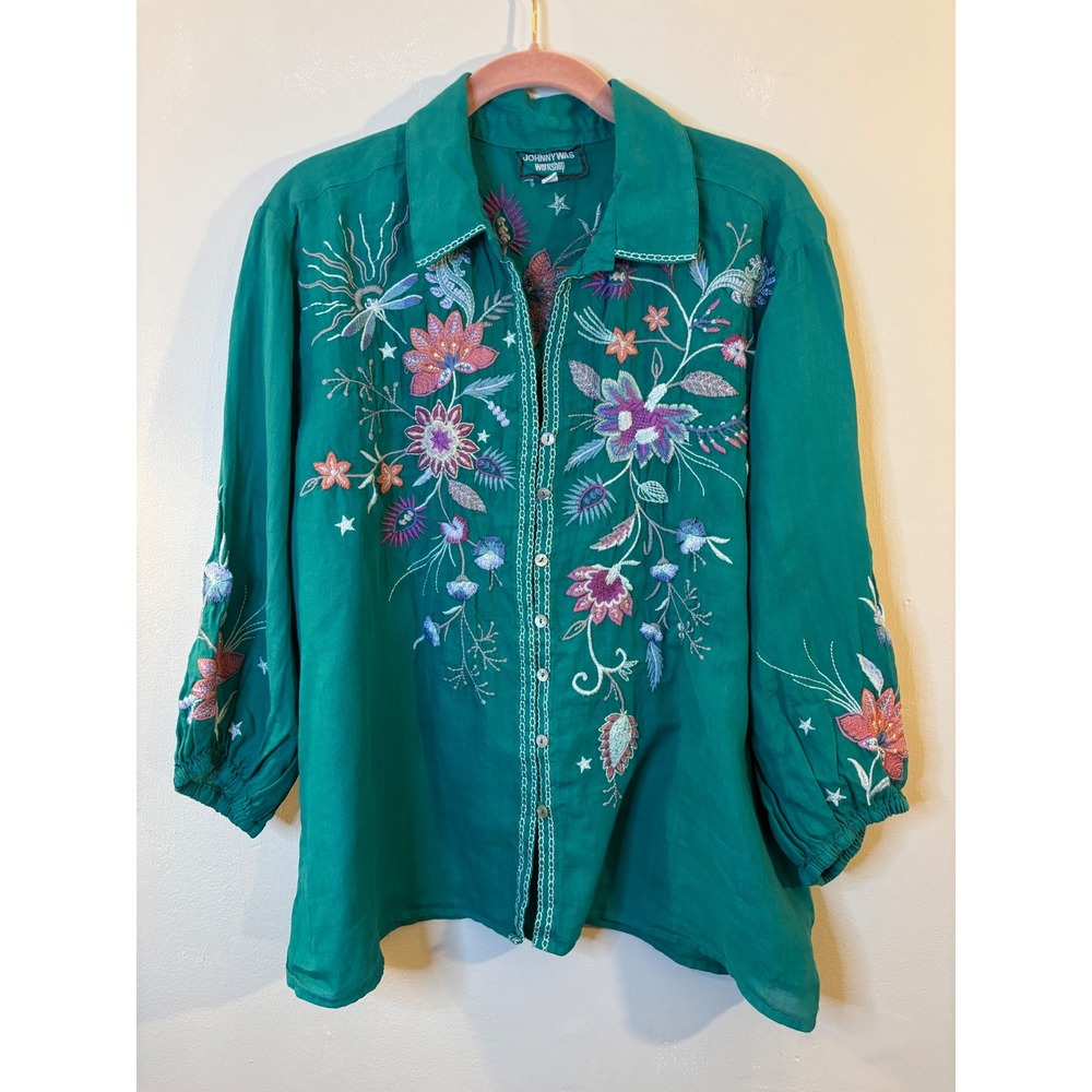 Johnny Was Green Floral Embroidered Phoebe Blouse M Ramie Boho